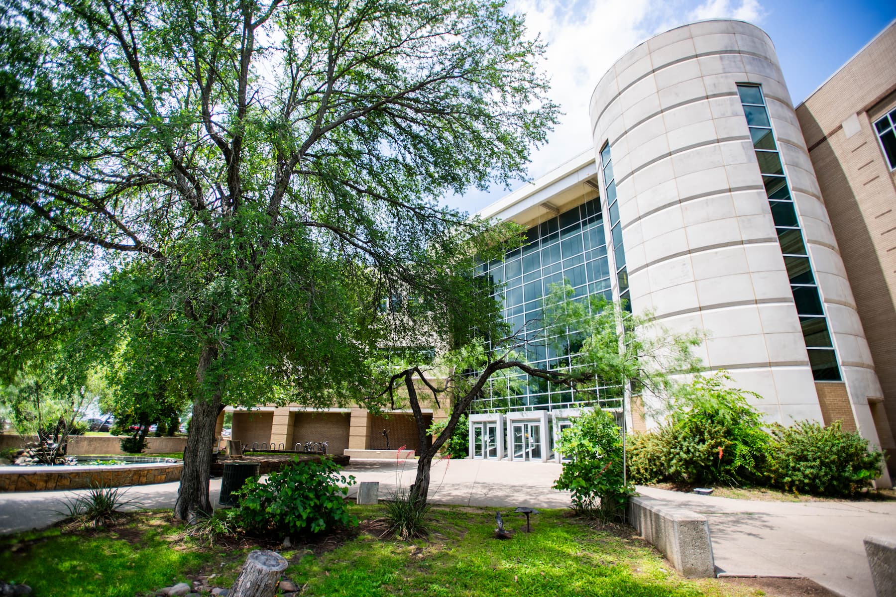 Exterior photo of the environmental sciences building in spring